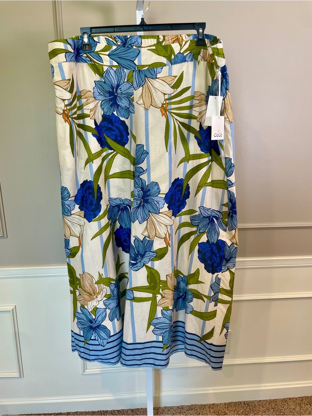 NEW Cece Wide Leg Cropped Pants 3X Cotton Blue Cream Tropical Floral Lightweight